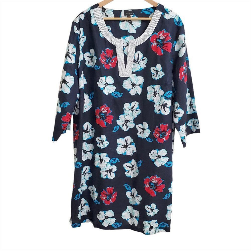 % Talbots XXXL Linen Beaded Neck Tunic Dress